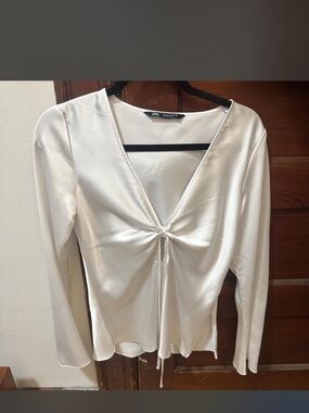 ISO: Zara Ivory Satin V-Neck Tie-Front Blouse